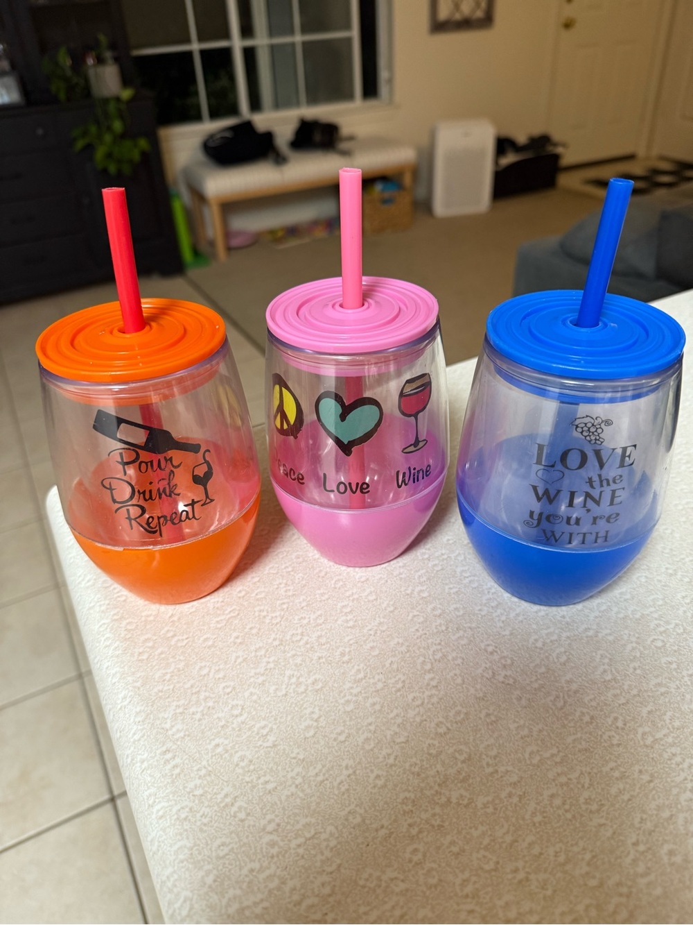 Insulated Pink Wine Tumbler with Straw - Cute Heart & Wine Icons